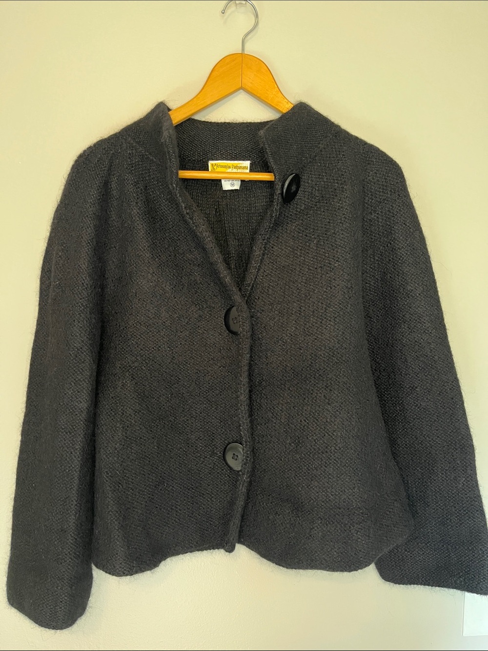 Handmade 100% Alpaca Button-Front Black Knit Sweater-Peru